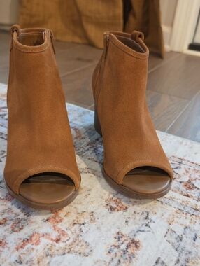 Aldo Cognac Suede Peep-Toe Ankle Booties